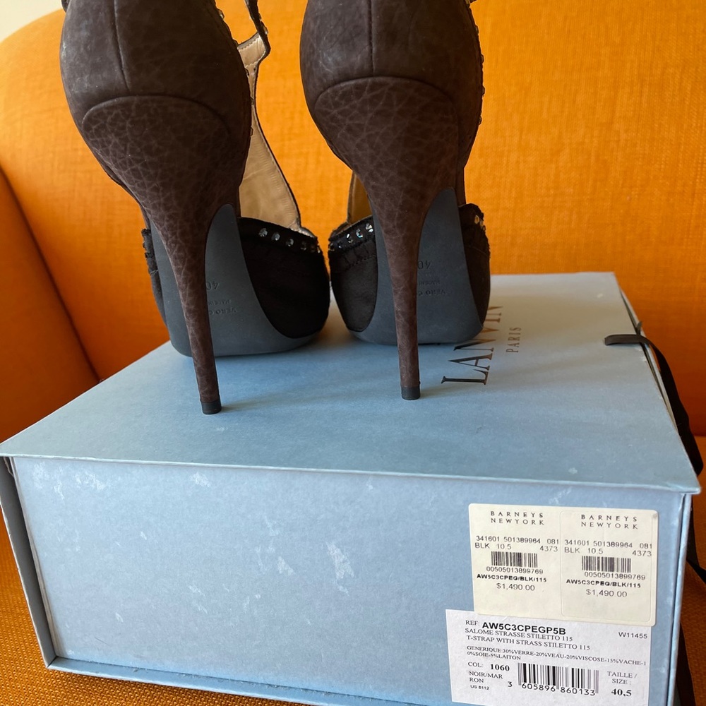 HP💝Vintage New LANVIN blk & brn satin & leather with rhinestones HEELS - Picture 5 of 13